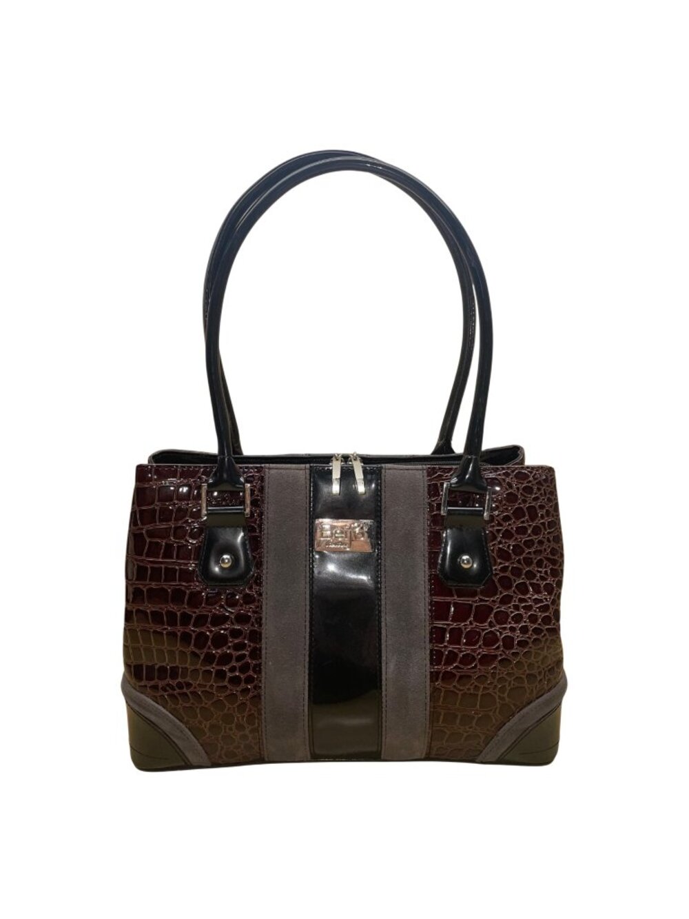 Beijo Women’s Brown & Black Faux Alligator Double Handles Snap Closure Tote Bag